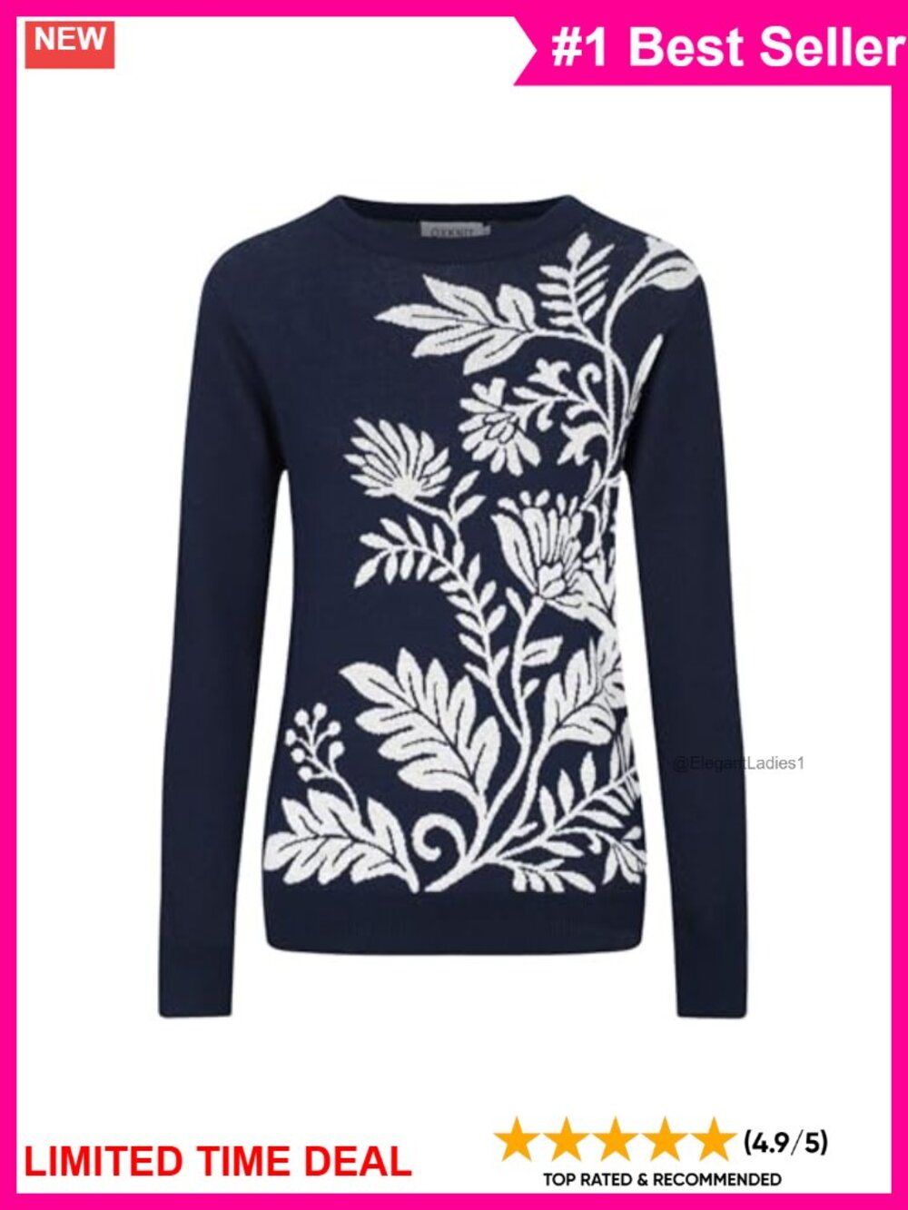 OXKnit Knit Long Sleeve Sweater Women Retro Floral Crewneck Pullover Top
